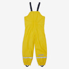 Yellow Muddy Puddles Puddleflex waterproof fleece lined dungarees on a white background, featuring black adjustable straps.